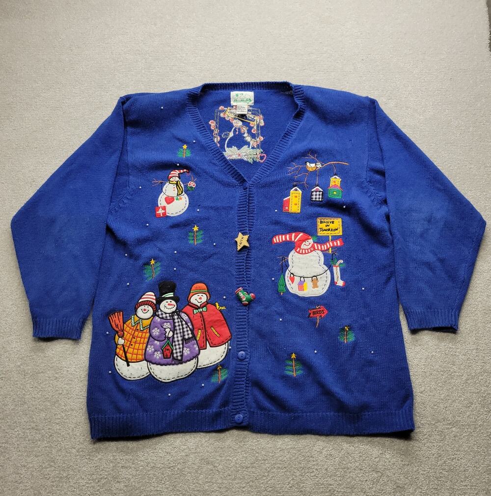 The Quacker Factory Women’s 2X Christmas Cardigan Snowman Applique Blue Holiday